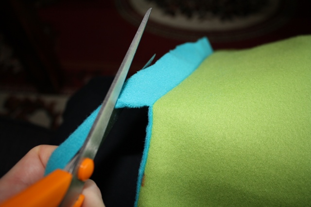 Sew down one side, across the bottom, and up the other side, leaving the top of the square open.  Cut excess fabric as close to seam as possible.